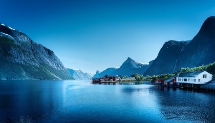 serene blue toned landscape of a calm fjord surrounded by towering steep mountains with small clusters of houses along the shoreline under a clear sky