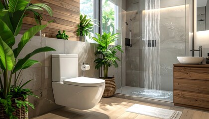 Sunlit Modern Bathroom with Lush Green Plants and Walk-in Shower.
