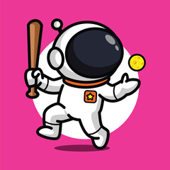 Cute Astronaut Playing Baseball Cartoon Illustration for Space and Sport Concept