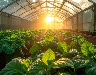Inside a sunlit, misty greenhouse, rows of leafy plants thrive