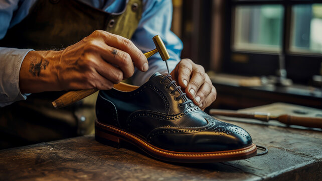 Shoemaker Handcrafting a Black Leather Oxford Shoe with Hammer and Awl cobbler