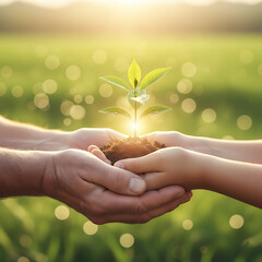 Adult and child hands holding a young green sapling, symbolizing growth, new life, environmental care, and a sustainable future.