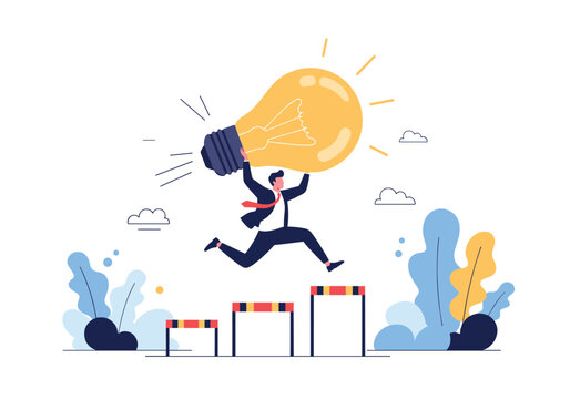 Person jumping over hurdles carrying a giant lightbulb representing a brilliant idea.