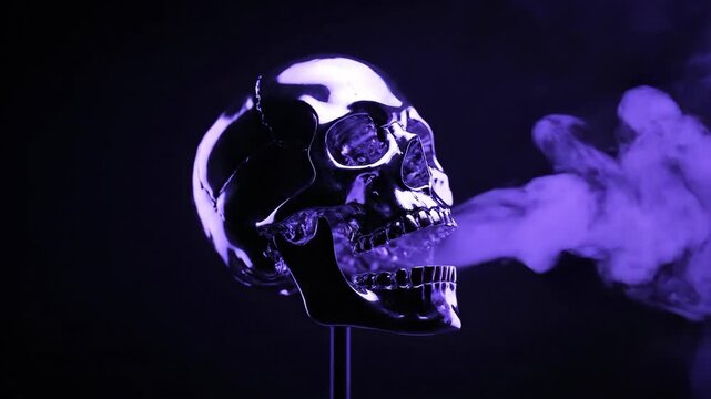 A chrome skull exhales purple vapor against a dark background, creating a dramatic effect.