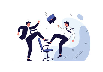 Two businessmen engage in a chaotic office confrontation during a heated business dispute.