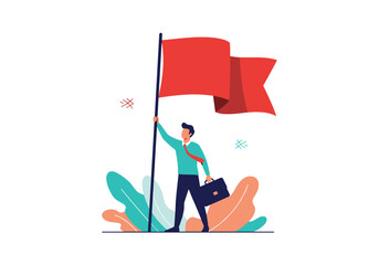 A determined businessperson plants a flag at the summit of a successful endeavor.