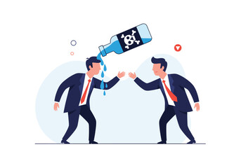 Two businessmen sharing a bottle of alcohol with a skull and crossbones symbol on it during a meeting.