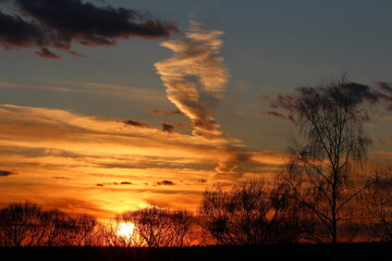 Spectacular fiery sunset transforms the sky with vibrant orange and gold, highlighted by a unique...
