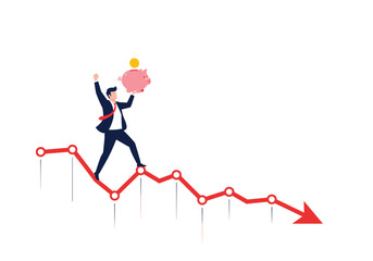 Successful entrepreneur celebrates financial growth while standing on a downward trending graph indicating financial success.