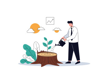 A businessman waters a small plant growing from a tree stump symbolizing growth and development.