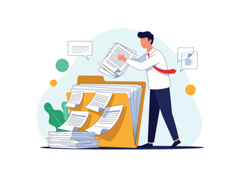 A man is sorting out a very large pile of papers from a folder.