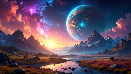 Dreamy Cosmic Landscape with Giant Planet and Nebula