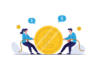 Business people pulling rope on a giant coin with currency symbols and money.