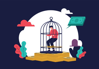 A man is trapped inside a cage on a pile of money symbolizing financial problems.