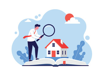 A focused professional meticulously examines a small house with a magnifying glass positioned on an open book.