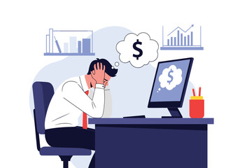 Man stressed by financial concerns while sitting at his office desk thinking about money.