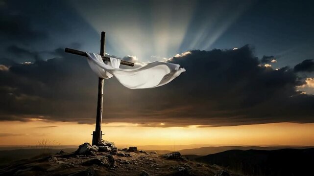 Experience the awe inspiring beauty of faith, watch the cloth flowing from the cross against the dramatic sunset sky in this moving scene