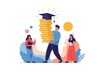 Illustrating the concept of education financing with students and a graduation cap atop a stack of coins.