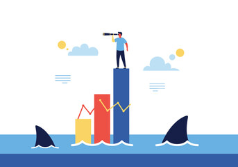 A man standing on a bar chart looking through a telescope surrounded by shark fins in the ocean.