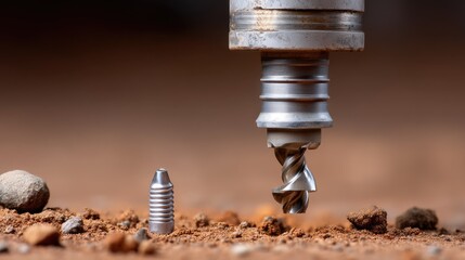 Drill bit poised above a metal screw on a sandy surface during a construction project in a workshop