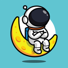 Cute Astronaut Sitting on the Moon Cartoon Illustration for Dream and Space Concept