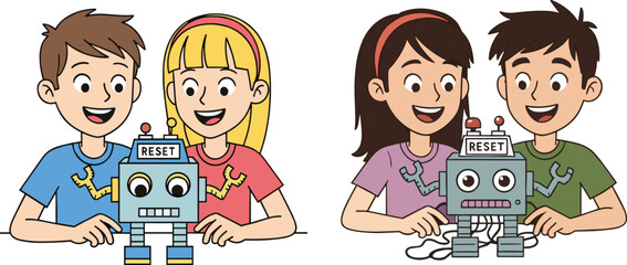 Happy children building and programming a cute robot, teamwork and STEM education concept, cartoon illustration of kids learning technology, engineering and innovation activity