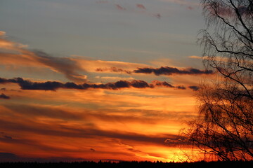 Vibrant sunset sky ablaze with fiery hues, thin clouds streak across a serene backdrop, creating a breathtaking natural spectacle