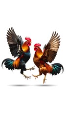 Obraz premium Two vibrant roosters face each other, wings spread, in a dynamic pose against a clean white background. They appear ready to engage in a display of strength