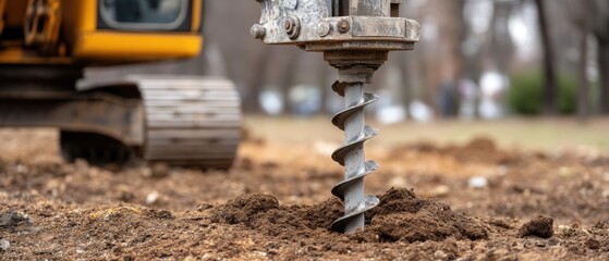 Heavy machinery drills into the ground during construction activity in a public park located in an urban area on a clear afternoon