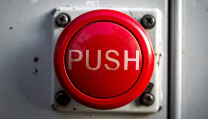 Emergency stop with red PUSH button for crucial decisions or immediate action, symbolizing control, safety, and critical moments in business and life