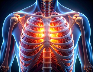 Illuminated anatomical illustration, chest and skeletal structure