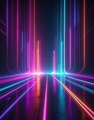 Vivid digital artwork of neon light pathways converging toward a vanishing point, creating an abstract tunnel. The color palette blends purples, pinks, and blues
