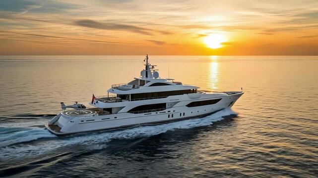 Luxury yacht sailing into the sunset, a symbol of wealth and freedom, perfect for high-end travel and aspirational lifestyle content