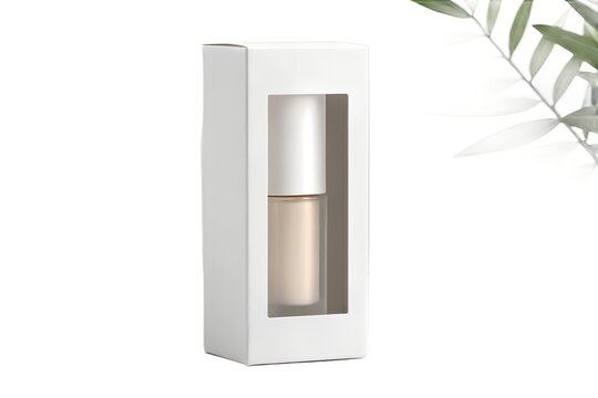 Minimalist white box packaging with a clear window showcasing a cosmetic product