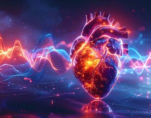 Glowing, anatomical heart with surrounding, pulsing waves in vibrant colors