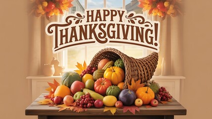 Happy Thanksgiving Cornucopia Overflowing with Autumn Harvest Fruits and Vegetables