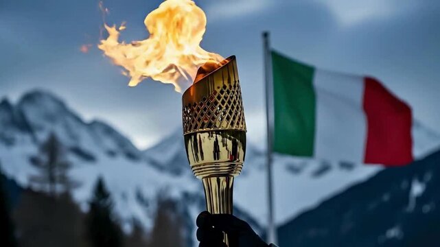 Italian pride ignites the Winter Games spirit with golden torch and flag waving against snowy Alps backdrop, capturing athletic passion