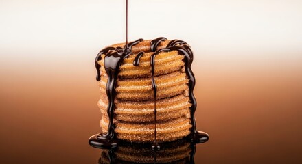 Delicious churro stack drizzled with decadent chocolate syrup indulgence