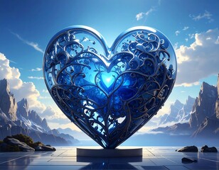 Large, ornate glass heart, with bright blue core, in scenic landscape