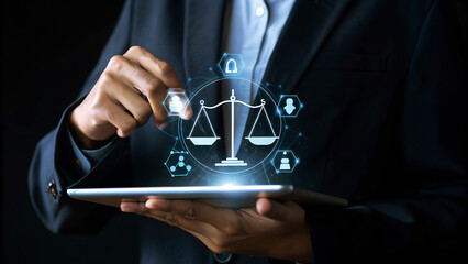 Legal assistant using artificial intelligence on a tablet to provide legal advice and services to clients online in the digital age