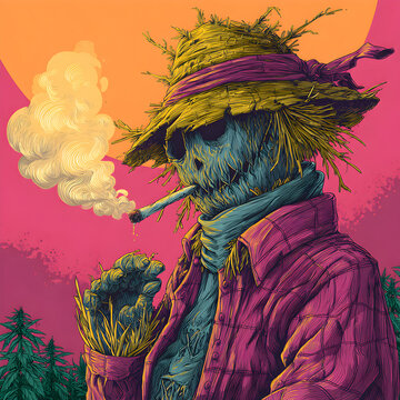 Cool scarecrow smoking a marijuana weed spliff in sunset field, psychedelic art illustration
