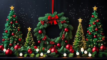 Festive christmas display with decorated trees ornaments and a wreath celebrating the holidays