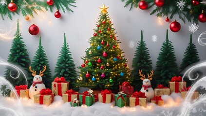 Festive christmas tree surrounded by gifts and miniature trees with twinkling lights