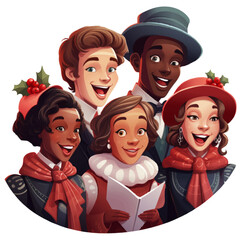 Vector drawing of a group of singing carolers holding songbooks.