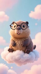 cute capybara wearing round glasses sitting on a floating cloud in a pastel sky playful whimsical style composition 9_16.