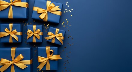AI illustration of blue gifts with golden bows and ribbons placed on blue background near stars