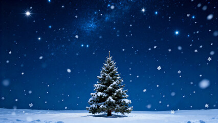 Obraz premium Christmas tree in snow under starry sky