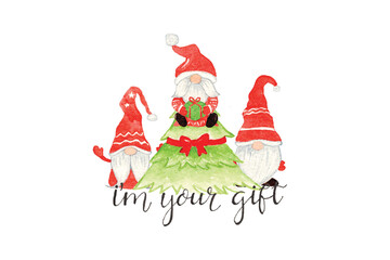 Funny Christmas Gnomes with Tree and Gift. 