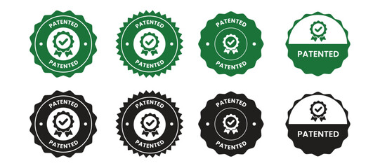 Green patented stamp vector illustration with check mark symbol, approval label, certification badge, trademark protection design, intellectual property rights guarantee, verified seal icon.