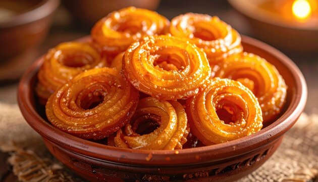 Close-up Studio Shot Of Golden Brown Crispy Fried Flour Cakes With Honey Stacked In A Rustic Ceramic Bowl Soft Warm Lighting Illuminating The Texture And Shape Of The Sweet Pastries